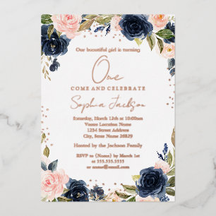 Invitation En Aluminium FEUILLE D'OR ROSE Navy Blush 1er Anniversaire Fill