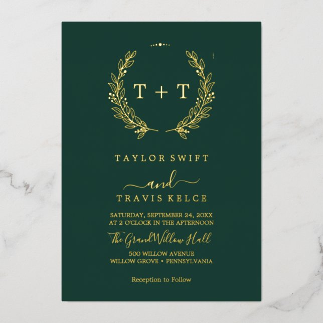 Invitation En Aluminium Feuille minimale | Mariage de monogramme d'émeraud (Recto)