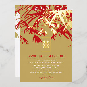 Invitation En Aluminium Feuille or et rouge bambou double Xi Mariage chino