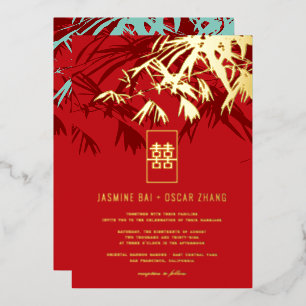 Invitation En Aluminium Feuilles de bambou zen rouge et turquoise Mariage
