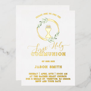 Invitation En Aluminium feuilles verts première sainte communion Foil Invi