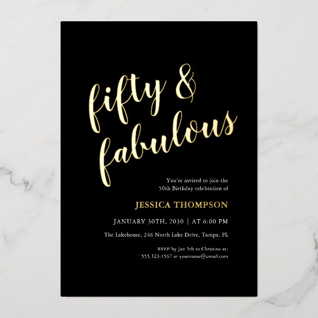Invitation En Aluminium Fifty and Fabulous Gold Script 50th Birthday (Recto)
