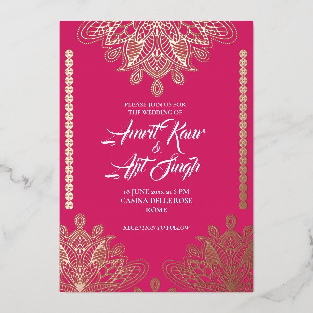 Invitation En Aluminium Filigrane Abstrait sur Fuchsia (Recto)