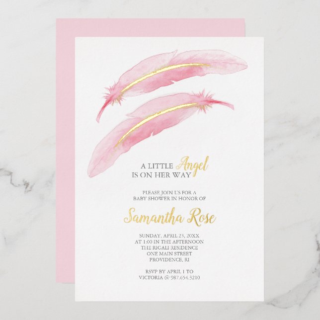 Invitation En Aluminium Fille Baby shower Aquarelle Pink Feather (Recto/Verso)