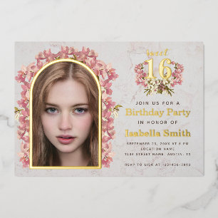 Invitation En Aluminium Fille de 16 ans Photo Orchidées Arche Marbre