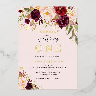 Invitation En Aluminium Fille Fleur Aquarelle Rose Bourgogne 1er Anniversa