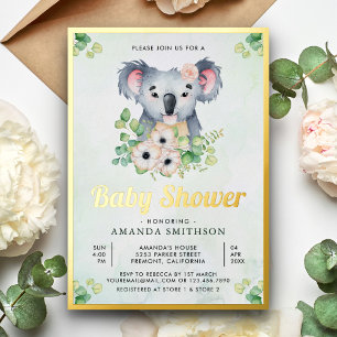 Invitation En Aluminium Fille Koala Eucalyptus Floral Baby Shower Or