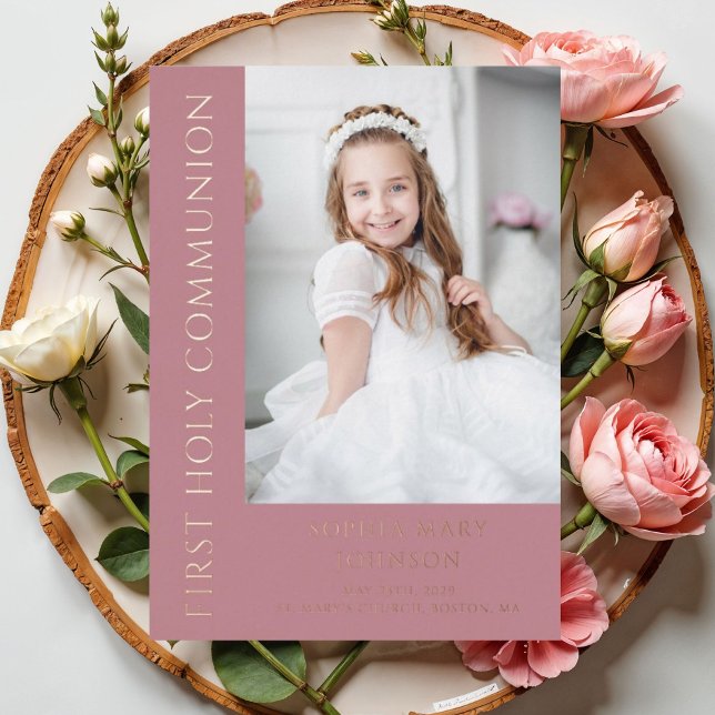 Invitation En Aluminium Fille moderne Photo rose Première Sainte Communion (Modern Pink Girl First Holy Communion Photo Foil Invitation)