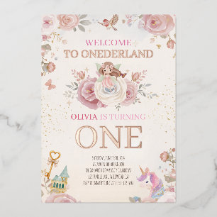 Invitation En Aluminium Fille premier anniversaire luxe floral Onederland