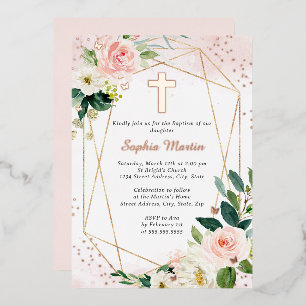 Invitation En Aluminium Fille Rose Gold Croix Florale Baptême