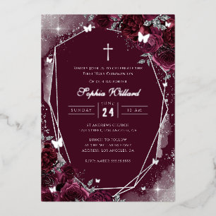 Invitation En Aluminium Filleul Argent Bourgogne Première Communion Foil