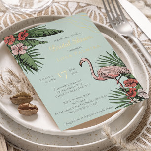Invitation En Aluminium Flamant rose floral tropical Fête des mariées or