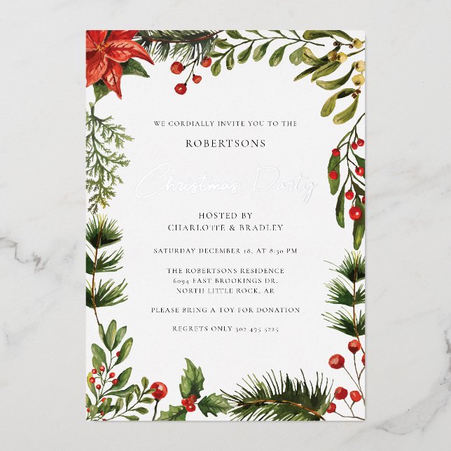 Invitation En Aluminium Fleur Botanique Rouge Berries Noël Argent (Recto)