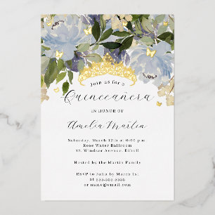 Invitation En Aluminium Fleur Brille Papillons Poussiéreux Bleu Quinceaner