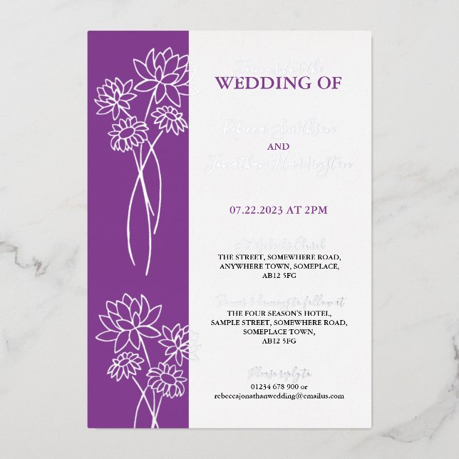 Invitation En Aluminium Fleur d'argent violet Photo Mariage Foil Invitatio (Recto)