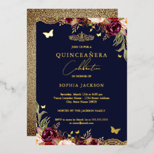Invitation En Aluminium Fleur de dentelle burgundy marine Quinceanera Anni