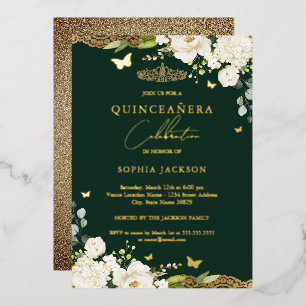 Invitation En Aluminium Fleur de lac en émeraude dorée pour Quinceanera An