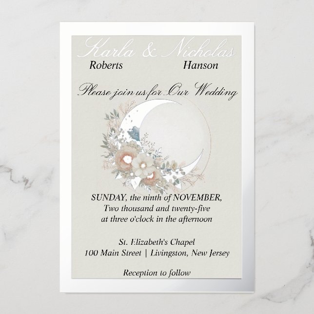 Invitation En Aluminium Fleur de lune blanche, large argent (Recto)