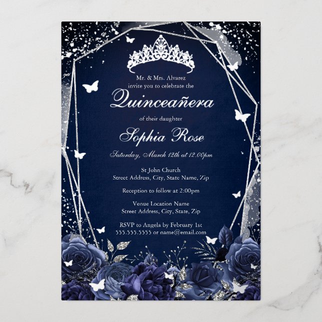 Invitation En Aluminium Fleur de marine Tiara Silver Quinceanera (Recto)
