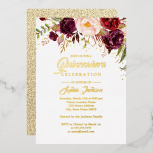 Invitation En Aluminium Fleur en feuille d'or Burgundy Quinceanera