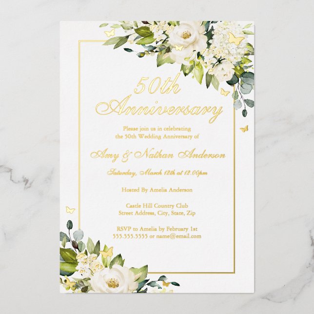 Invitation En Aluminium Fleur Golden Butterfly 50e anniversaire Mariage (Recto)