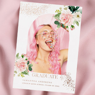 Invitation En Aluminium Fleur moderne   Rose Gold Real Foil Photo Graduate