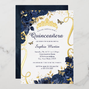 Invitation En Aluminium Fleur Papillon Élégante Navy Or Quinceanera