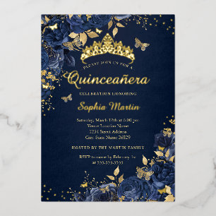 Invitation En Aluminium Fleur Papillon Or Marine Royale Quinceanera