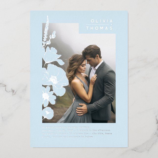 Invitation En Aluminium Fleur sauvage Elegant Dusty Blue Mariage photo (Recto)