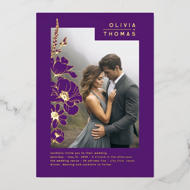 Invitation En Aluminium Fleur sauvage Élégant romantique violet Mariage ph (Recto)