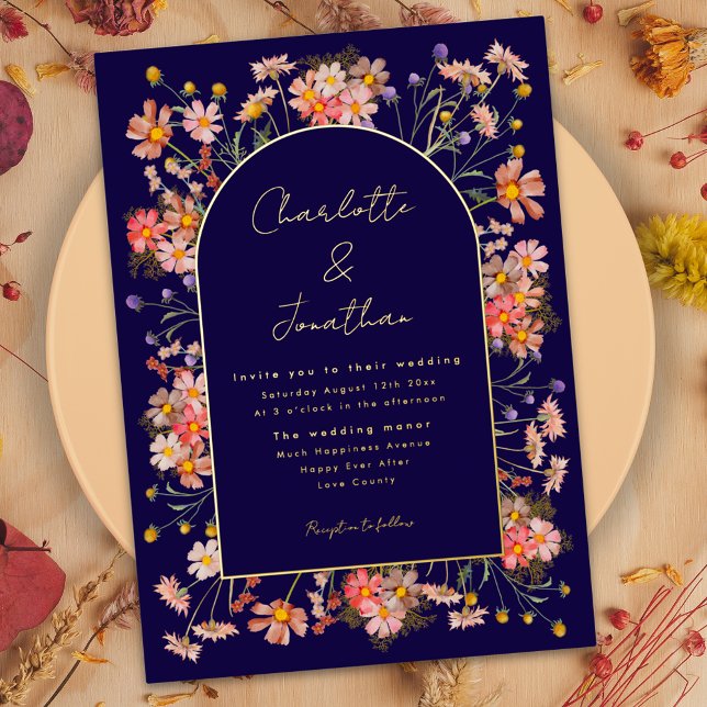 Invitation En Aluminium Fleur sauvage Mariage de automne Marine Blue Gold (Gold foil wildflower arch navy blue fall wedding invitation with watercolor dried flowers)