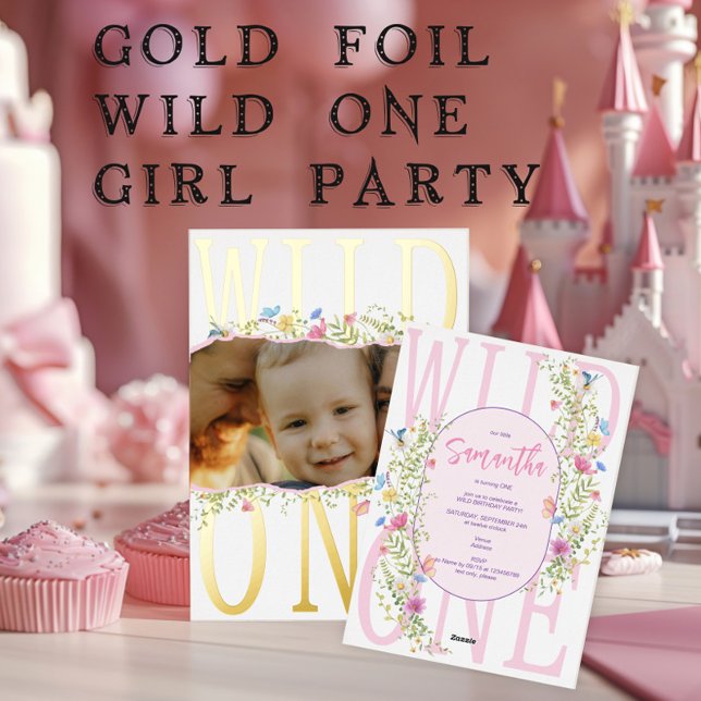 Invitation En Aluminium Fleur sauvage Wild One Boho Girl Photo 1er anniver (Wildflower Wild One Boho Girl Photo 1st (Any Age) Kids Pink Birthday Foil Invitation)