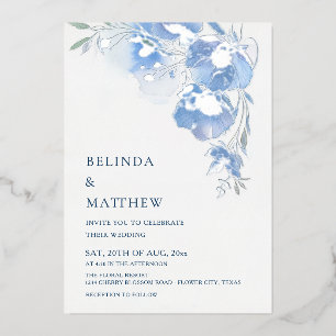 Invitation En Aluminium Fleurs aquarelle bleue argent blanc