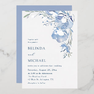 Invitation En Aluminium Fleurs aquarelles bleues Mariage décontracté