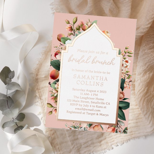 Invitation En Aluminium Fleurs aquarelles Peach Rose Gold Bridal Brunch (Créateur téléchargé)