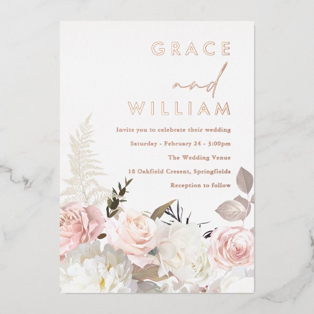 Invitation En Aluminium Fleurs blanches et bleues Mariage moderne Rose or (Recto)