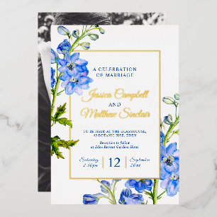 Invitation En Aluminium Fleurs bleues de Delphinium et mariage d'été or