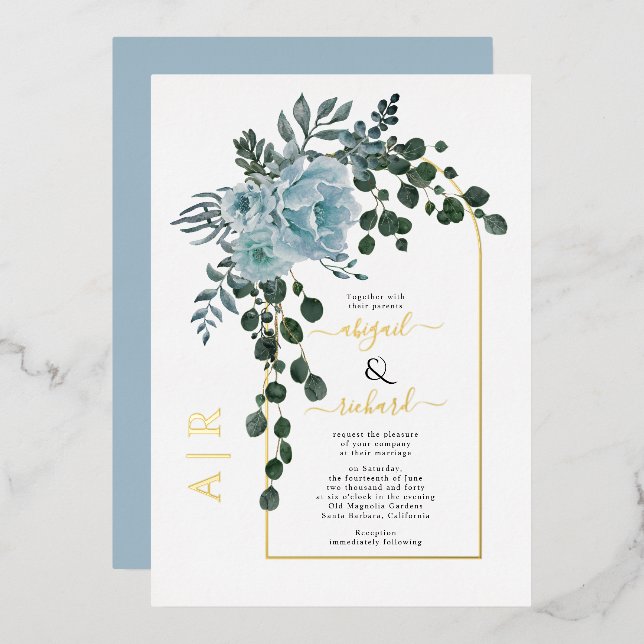 Invitation En Aluminium Fleurs bleues poussiéreuses et véritable mariage d (Recto/Verso)