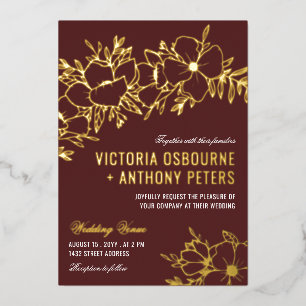 Invitation En Aluminium Fleurs bordeaux et or Mariage floral