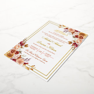 Invitation En Aluminium Fleurs Botaniques Islamiques Bourgogne Nikkah Or