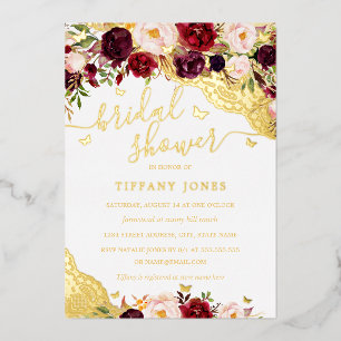 Invitation En Aluminium Fleurs Bourgogne Or Dentelle Papillon Mariage