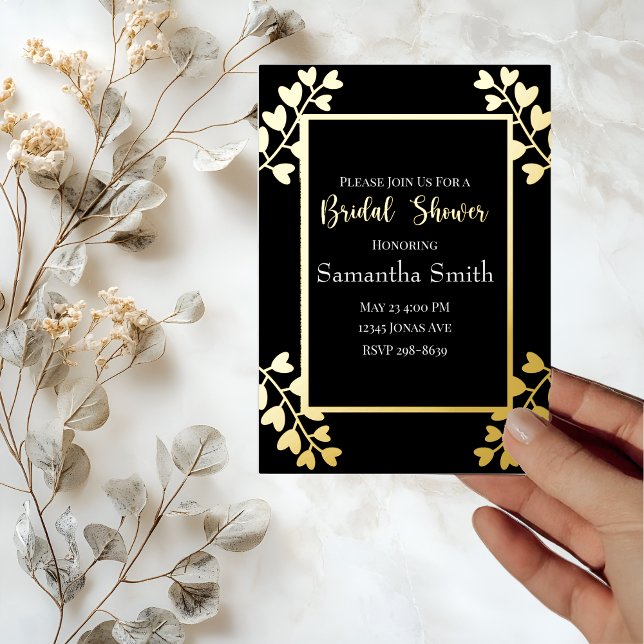 Invitation En Aluminium Fleurs cardiaques sur Fête des mariées d'or noir (Créateur téléchargé)