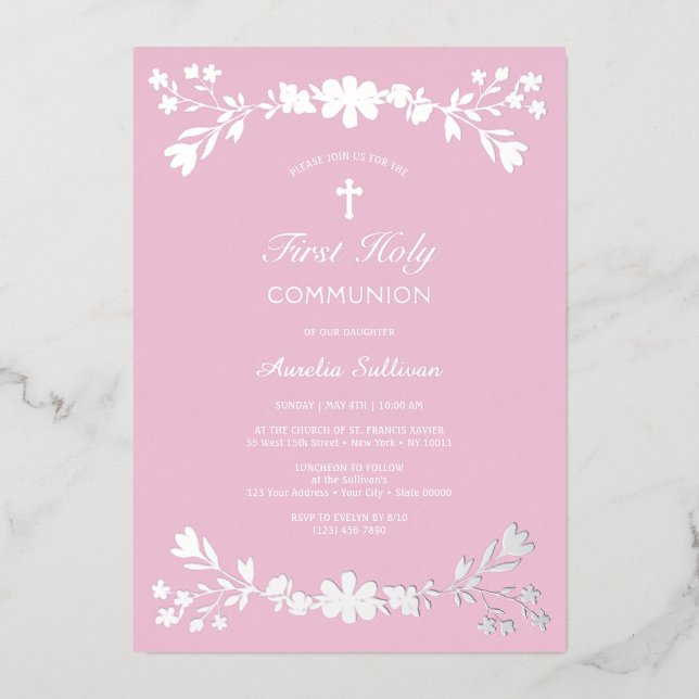 Invitation En Aluminium Fleurs d'argent sur la première communion rose (Recto)