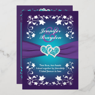 Invitation En Aluminium Fleurs d'argent, violet, cœurs joints de sarcelle