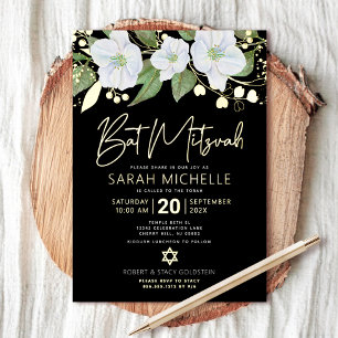 Invitation En Aluminium Fleurs de Bat Mitzvah Aquarelle Or Noir Réel