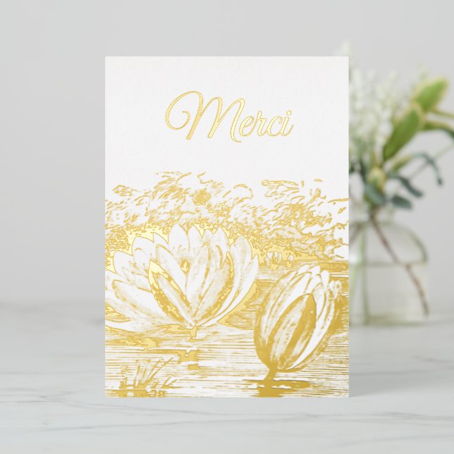 Invitation En Aluminium fleurs de lotus dorées - Merci Foil (Debout devant)