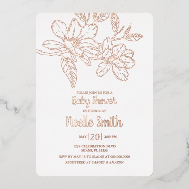Invitation En Aluminium Fleurs de Magnolia Élégantes, Baby shower (Recto)