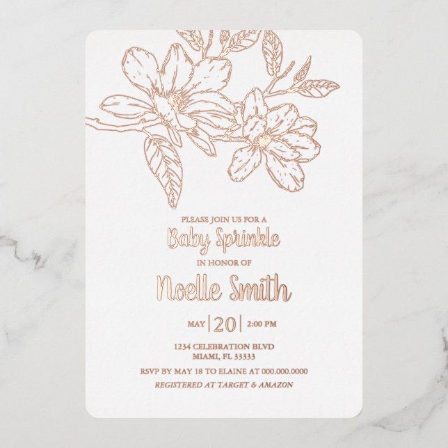Invitation En Aluminium Fleurs de Magnolia Élégantes, Parsemer bébé (Recto)