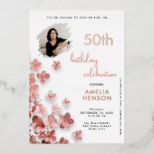 Invitation En Aluminium Fleurs de paillettes roses Fleur 50e Anniversaire