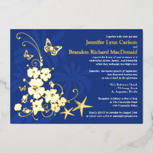 Invitation En Aluminium Fleurs de papier d'or tropical, mariage papillons
